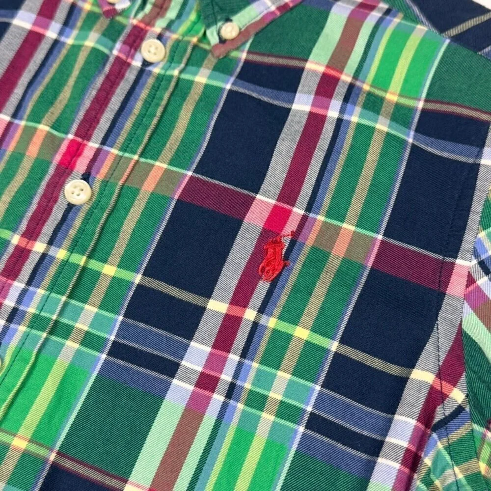 Ralph Lauren Boys Plaid Shirt Sz. M 10-12 Green Button Down 100% Cotton Pony